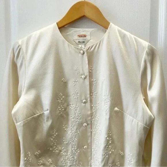 Vintage Talbots Pure Silk Jacket Embroidered Cropped Blazer Ivory Cream Ecru 4 - Picture 5 of 16